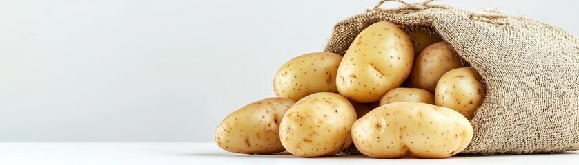 A burlap sack spills fresh, unpeeled potatoes, showcasing their earthy texture and natural color against a simple background.