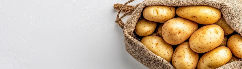 A burlap sack filled with fresh, golden potatoes, showcasing their earthy texture and vibrant color against a light background.