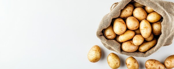A burlap sack overflowing with fresh, golden potatoes, some scattered on a clean, white surface.