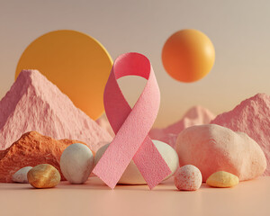 Abstract conceptual photograph for International Breast Cancer Awareness Day. Pink ribbon symbol placed in a minimalist scene with soft pink, white, and golden tones, representing hope, strength, and 