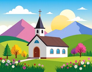 Naklejka premium Colorful church landscape with mountains