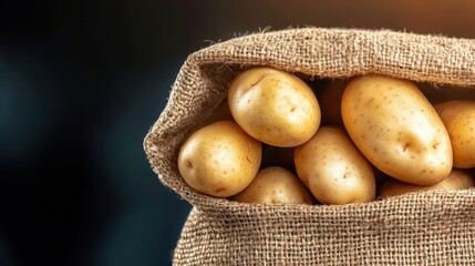 A close-up of a burlap sack filled with fresh, golden potatoes, showcasing their smooth texture and earthy tones.