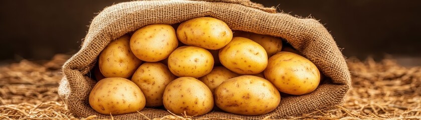 A burlap sack filled with fresh, golden potatoes sits against a rustic, textured background, highlighting their earthy appeal.