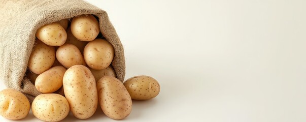 A burlap sack spills fresh, earthy potatoes on a neutral background, highlighting their natural texture and shape.