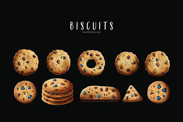 Watercolor Biscuit Set Hand Painted Cookies Illustration Dessert Clipart on black isolated background