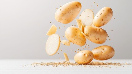 Floating potatoes and slices create a dynamic, playful composition against a minimalistic background, highlighting their textures and forms.