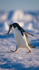 Obraz premium A penguin walks across the ice, proudly holding a fish in its beak against a picturesque, icy backdrop.