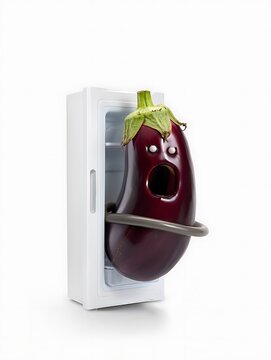 Naklejki Aubergine escaping the refrigerator scared funny vegetable