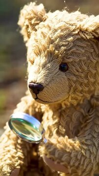 Curious Teddy Bear Holding Magnifying Glass Investigating  Adorable Stuffed Animal Toy Exploring with Magnifier in Soft Focus Outdoor Scene