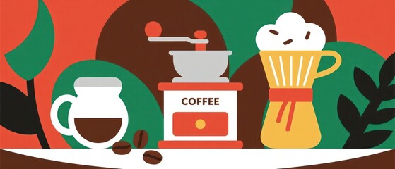 Illustration of Coffee Still Life with Grinder, Pour Over and Cup