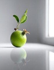 Green Pomegranate Still Life with Reflection on White Surface.