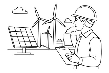 Renewable energy coloring page, solar panel, wind turbines, power plant, field engineer, clipboard inspection