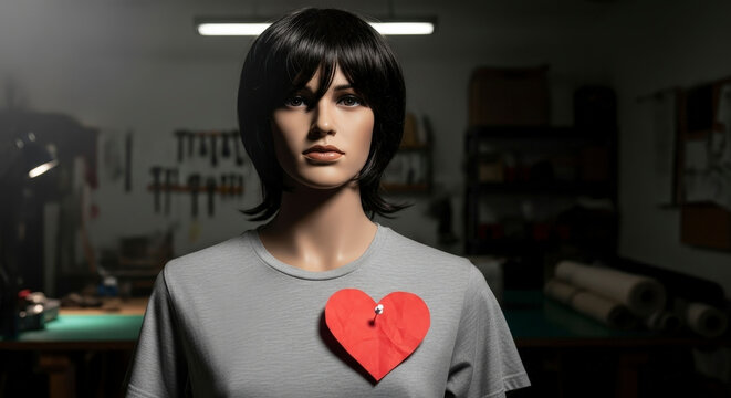 Mannequin With Red Heart Symbol Pinned To Gray T Shirt In Workshop - Powered by Adobe