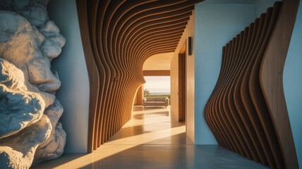 Elegant wooden architectural design with natural light flooding a modern home hallway, inviting relaxation and sophisticated living, perfect for luxury lifestyle branding