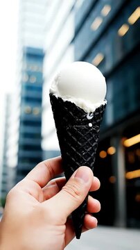 Hand holding delicious white vanilla ice cream in a stylish black waffle cone against a modern blurry city background A perfect refreshing summer dessert