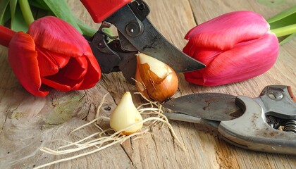 Tulip Bulbs and Pruning Shears on Wooden Surface.