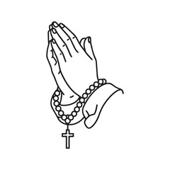 Praying hands holding rosary, religious Christian prayer symbol, line art vector illustration.

