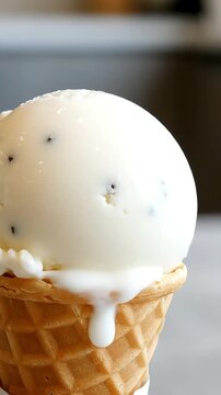 Refreshing White Ice Cream Scoop with Dark Bits Slowly Melting into a Golden Waffle Cone Perfect Sweet Dessert Treat for Delicious Summer Enjoyment