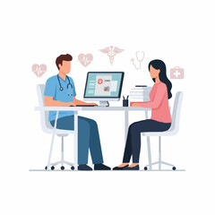 A doctor consulting with a female patient at a desk in a bright office.