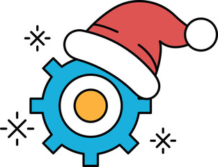 A black and white drawing of a gear with a Santa hat on top
