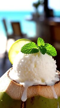 Creamy coconut ice cream refreshing with vibrant mint and zesty lime beautifully served in a fresh young green coconut Perfect tropical dessert for summer and v