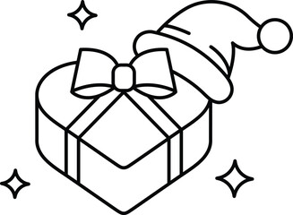 A black and white drawing of a box with a bow on it and a hat on top of it