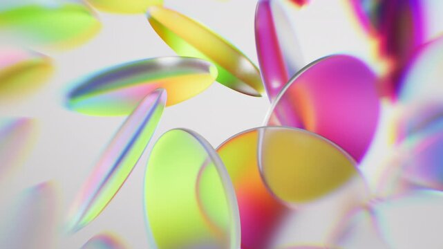 Looping 3D animation. Abstract background of slightly unfocused multicolored glass lenses spinning and rotating, arranged in a kaleidoscope pattern, glowing with neon light. Modern minimalist concept