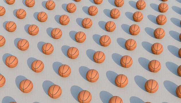 3D render showing an aligned pattern of basketballs.