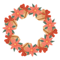 Present Box and Poinsettia Wreath, Gift Floral Border, Poinsettia and Gift Circle Frame