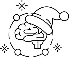 A brain is wearing a Santa hat and surrounded by snowflakes