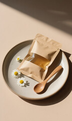 Kraft spouted pouch mockup with chamomile tea elements for natural product branding