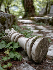 Obraz premium Fallen chess king piece in a mossy forest setting.