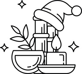 A black and white drawing of a candle, a bowl