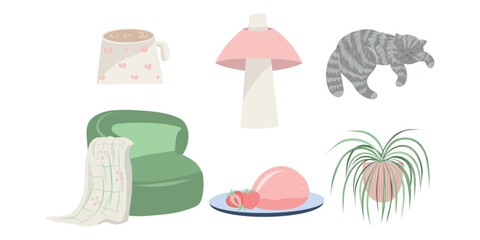 Cozy home with cat and armchair, Living room comfort vector collection, Pet and home decor illustration set