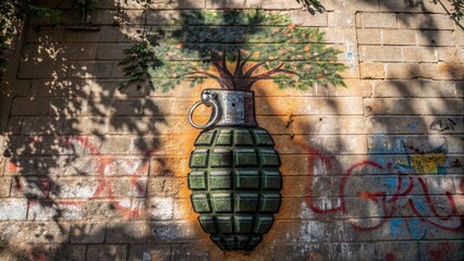 anti war graffiti Street art featuring a grenade with a tree symbolizes peace and conflict in urban settings.