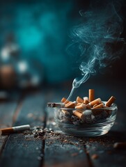 A glass bowl filled with cigarette butts and ashes, with a wispy smoke curling up, set against a dimly lit background.
