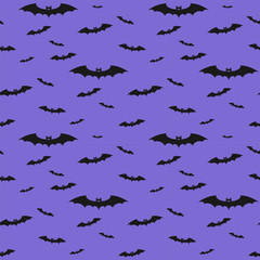 Flying scary black silhouettes bats on purple background, Halloween pattern.