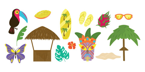 Tropical beach set, Tropical objects collection. Tiki mask, leaf, beach bar, dragon fruit, pitaya, toucan, butterfly, sunglasses, flip flops, sand, beach umbrella, mango, flower, surfboard.