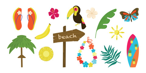 Tropical beach set, Tropical objects collection. Banana, toucan, flip flops, flower, leaf, butterfly, lei necklace, surfboard, pineapple, wooden beach sign, beach umbrella, sun. © VasilisaStArt