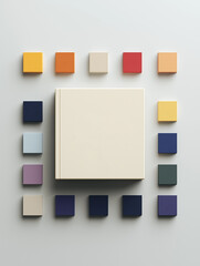 A minimalist composition featuring a central blank book surrounded by colorful squares, showcasing a modern aesthetic and a focus on color harmony.