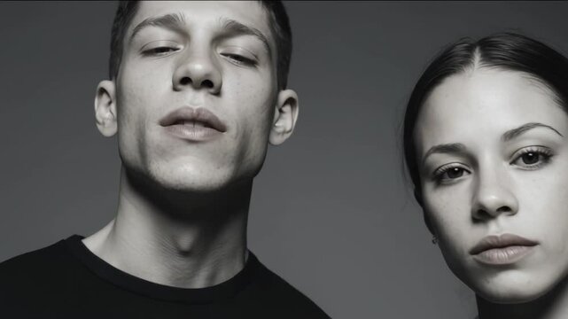 Young adults in monochrome, serious expressions reflect confidence, contemporary style in grayscale fashion, intriguing mood for fashion editorial