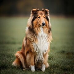 Majestic collie dog portrait sitting in green field with a watchful gaze and beautiful fur