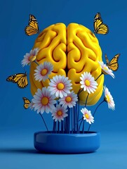 A vibrant, artistic representation of a brain surrounded by flowers and butterflies, symbolizing creativity and growth against a blue background.