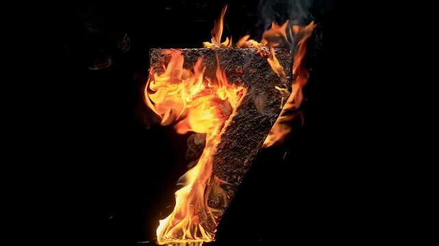 A burning numeral seven against a dark background, flames engulfing the charred object