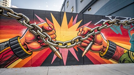 anti war graffiti Colorful mural depicting two fists breaking chains, symbolizing strength and freedom.