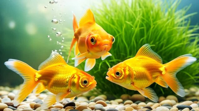 Three golden fish swimming in aquarium with green plants