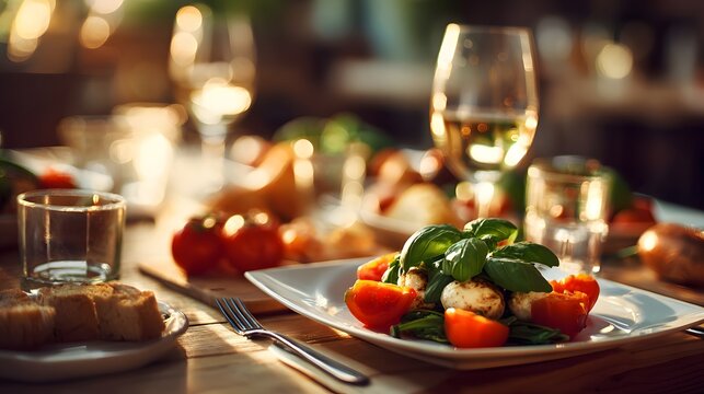 Appetizing meal setting presents a vibrant salad of fresh tomatoes and green basil alongside white wine and a water glass, arranged on a rustic wooden table.