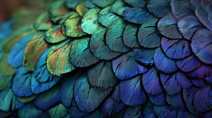 Exquisite detail captures the iridescent texture of layered feathers, showcasing a captivating blend of blues, greens, and purples, with soft, blurred edges and intricate patterns.