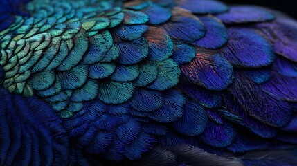 Detailed  captures the vibrant iridescent surface of a bird's feather structure, showcasing a stunning array of blue and green hues with subtle hints of purple and orange, creating a rich textured...