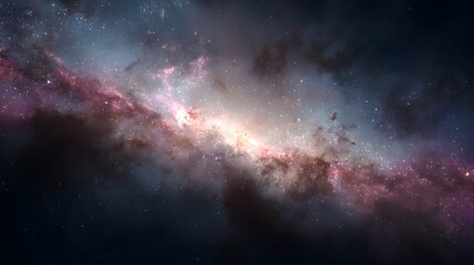 Illuminated expanse of the cosmic galaxy, showcasing nebulous celestial bodies and vibrant pink and purple hues, interspersed with stellar clusters against a dark, atmospheric backdrop, offering a...